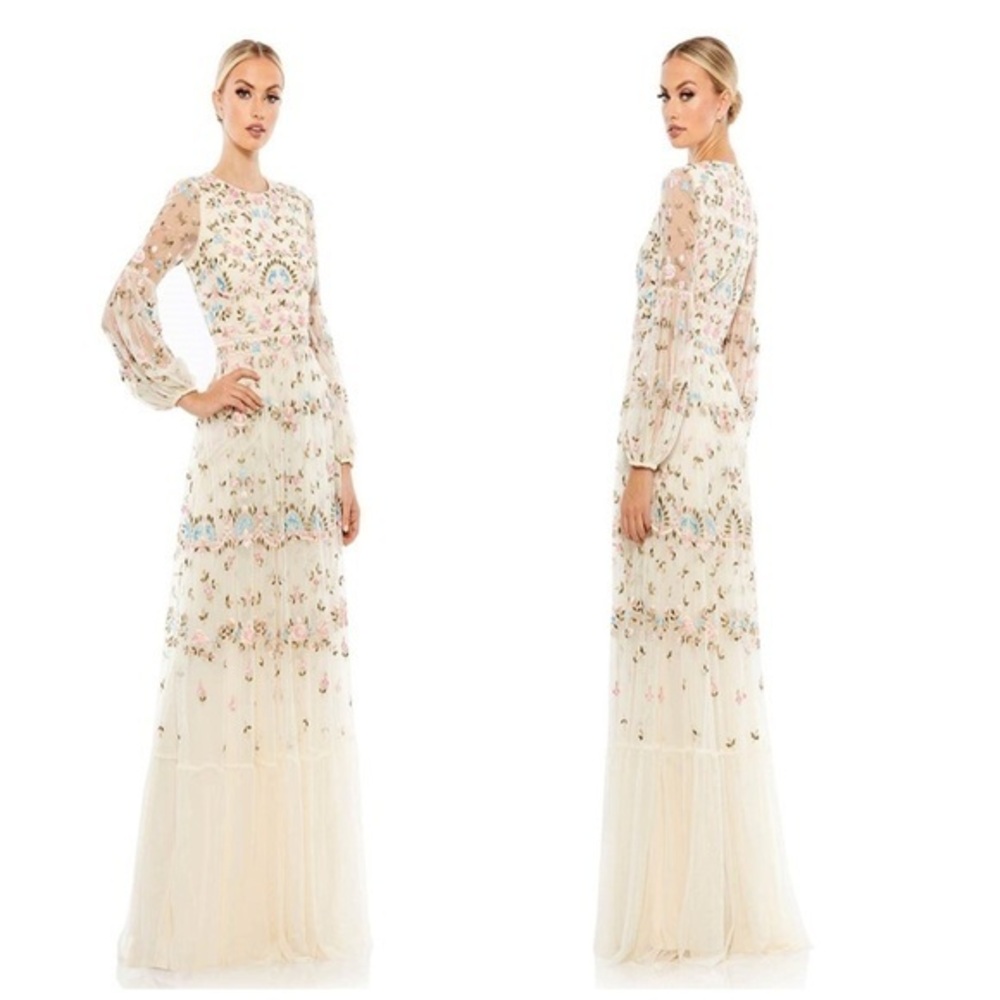 Mac Duggal 35111 Embroidered High Neck Illusion Sleeve Tiered Gown Size 16
